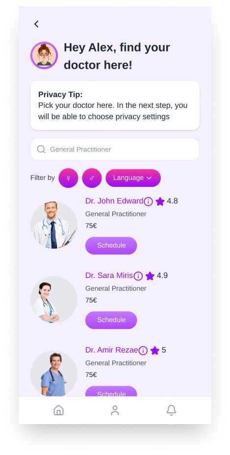 Teen — doctor selection screen with a Privacy Tip banner: pick your doctor, then choose privacy settings